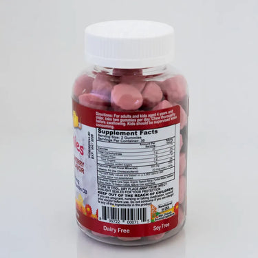 Back view of Ecosafe Natural Calcium Gummies for Kids bottle showing supplement facts and dosage instructions. The label lists calcium from coral minerals and vitamin D3 for bone and teeth health. Product highlights include dairy-free, soy-free, and non-GMO formulation with globally sourced ingredients. Designed for kids aged 4 and older, the gummies provide natural cherry flavor and essential daily nutrients.