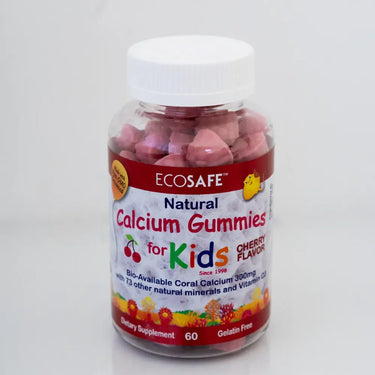 Front view of Ecosafe Natural Calcium Gummies for Kids in cherry flavor. The bottle contains 60 gelatin-free dietary supplement gummies made with 300mg bioavailable coral calcium and 73 natural minerals plus vitamin D3. Non-GMO and naturally flavored, these calcium gummies support healthy bones, teeth, and growth for children.