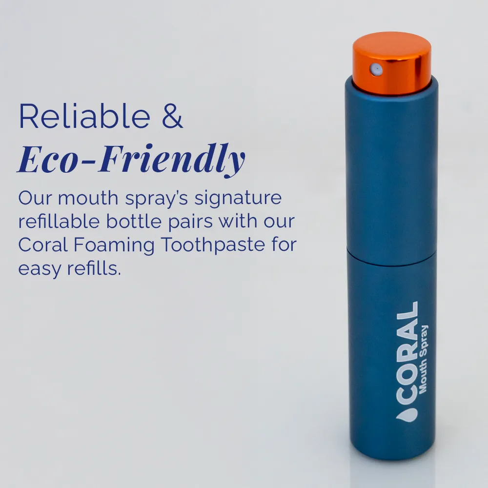 Coral Mouth Spray Cinnamon 10ml in a refillable blue aluminum bottle with orange spray cap, highlighting reliable and eco-friendly reusable packaging