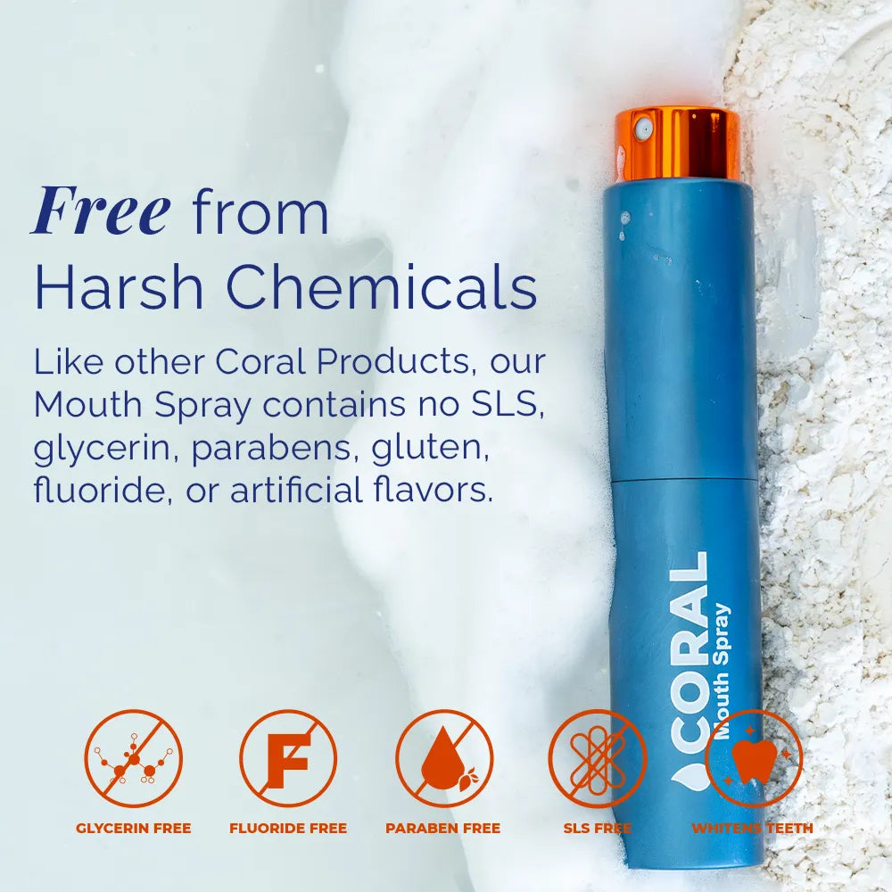 Coral Mouth Spray Cinnamon 10ml shown in blue aluminum bottle, highlighting formula free from harsh chemicals including fluoride, SLS, parabens, glycerin, and artificial flavors
