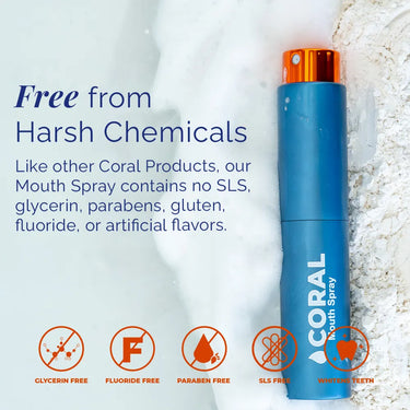 Coral Mouth Spray Cinnamon 10ml shown in blue aluminum bottle, highlighting formula free from harsh chemicals including fluoride, SLS, parabens, glycerin, and artificial flavors