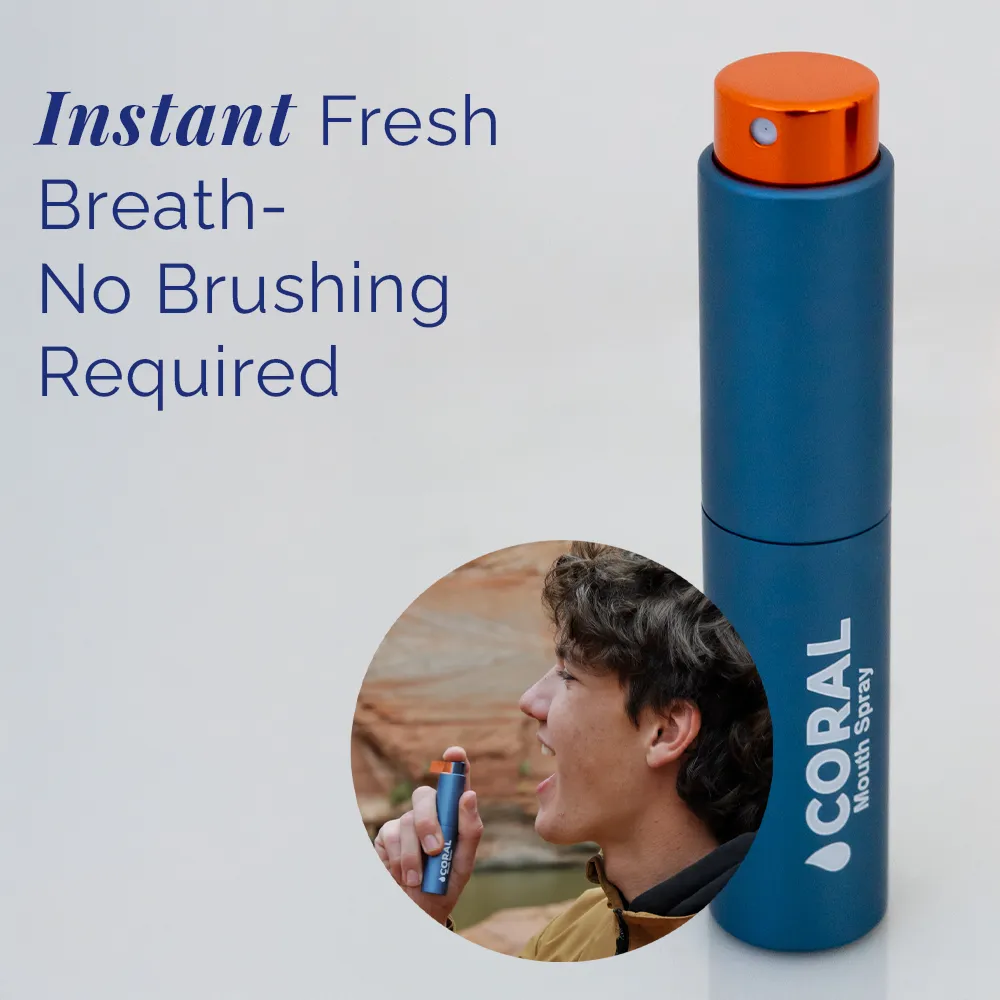 Coral Mouth Spray Cinnamon 10ml delivering instant fresh breath with no brushing required, shown as a portable blue spray bottle with user applying on the go