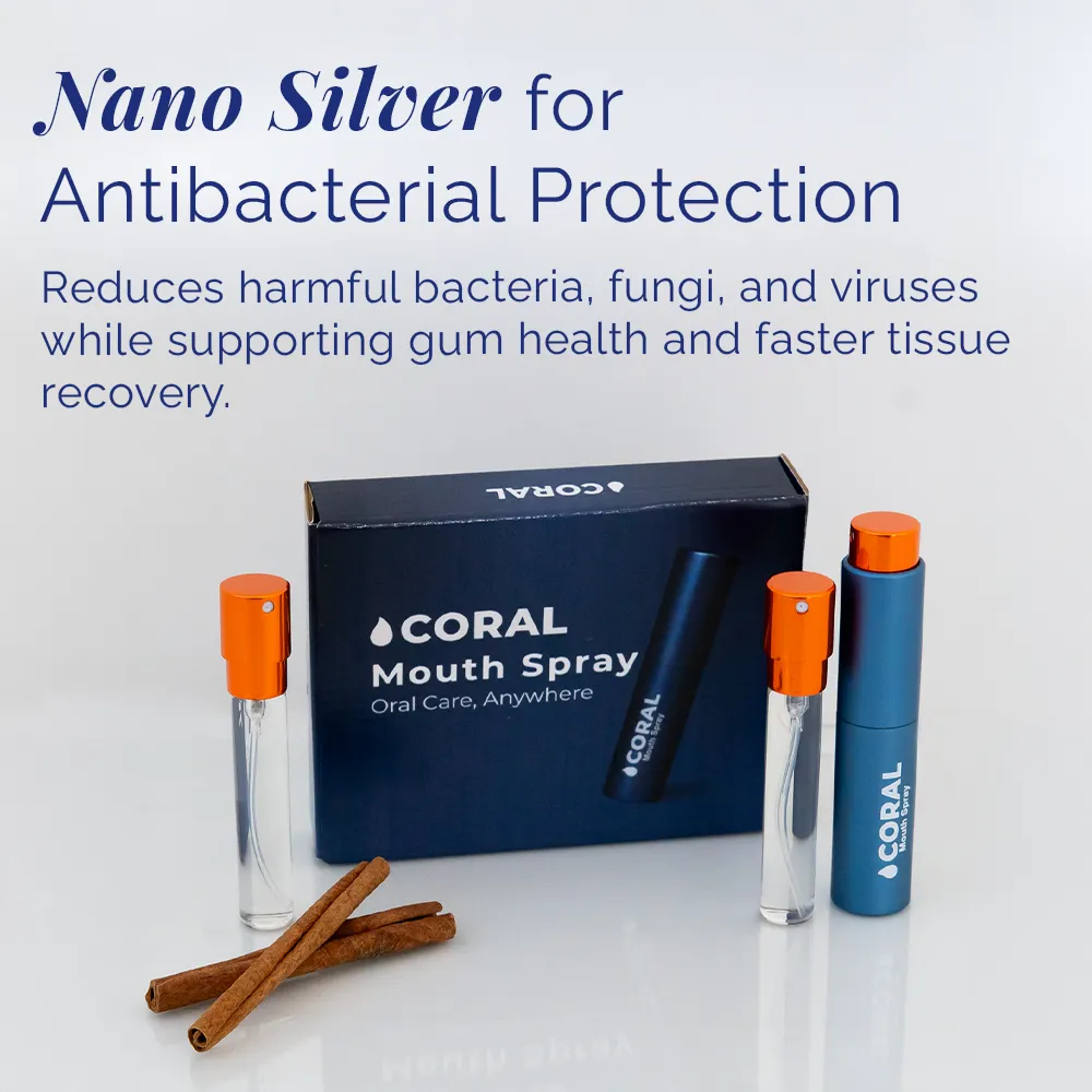 Coral Mouth Spray Cinnamon 10ml featuring nano silver for antibacterial protection, shown with refill vials, cinnamon sticks, and branded box on a white background
