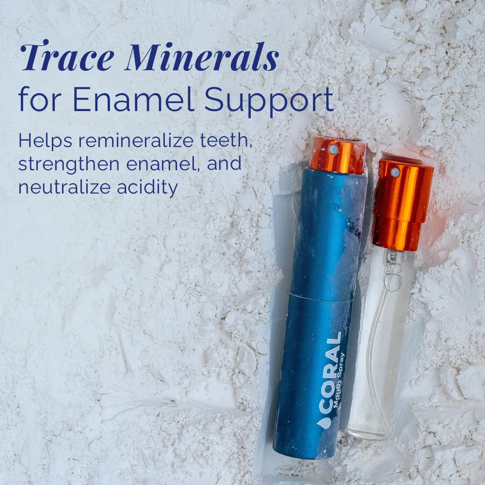 Coral Mouth Spray Cinnamon 10ml with trace minerals for enamel support, shown with refill vial on a mineral-textured background, designed to help freshen breath and support oral balance