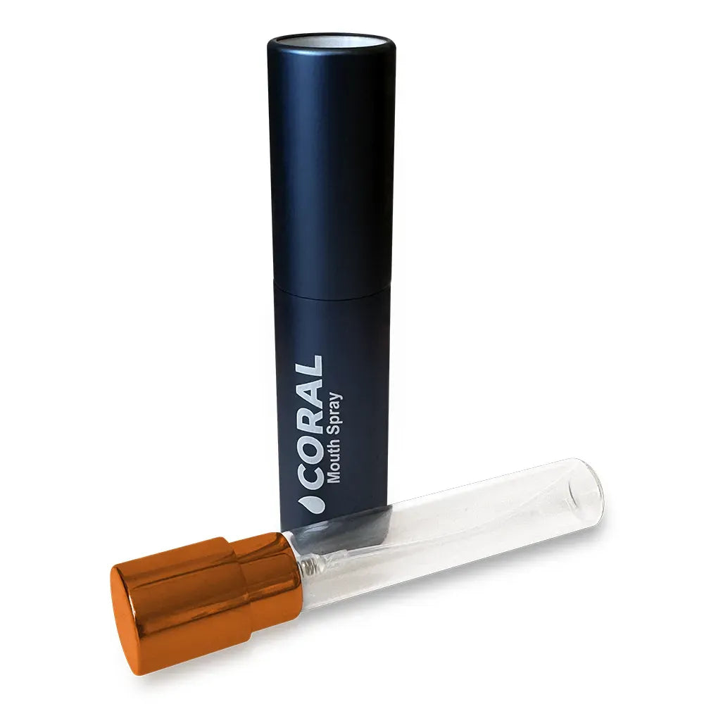 Coral Nano Silver Mouth Spray with refillable glass vial, eco-friendly oral care design for natural fresh breath and on-the-go use.