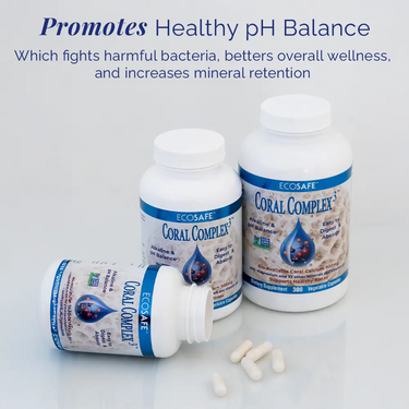 Coral Complex coral calcium supplement bottles with capsules, promoting alkaline pH balance and mineral absorption.