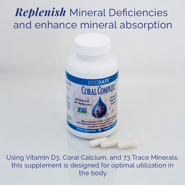 Coral Complex coral calcium supplement bottle with capsules, featuring bioavailable minerals designed to support mineral absorption and balance.