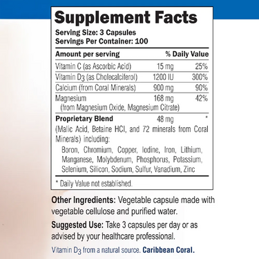 Coral Complex supplement facts label showing vitamin C, vitamin D3, calcium from coral minerals, magnesium, and a proprietary blend of trace minerals.