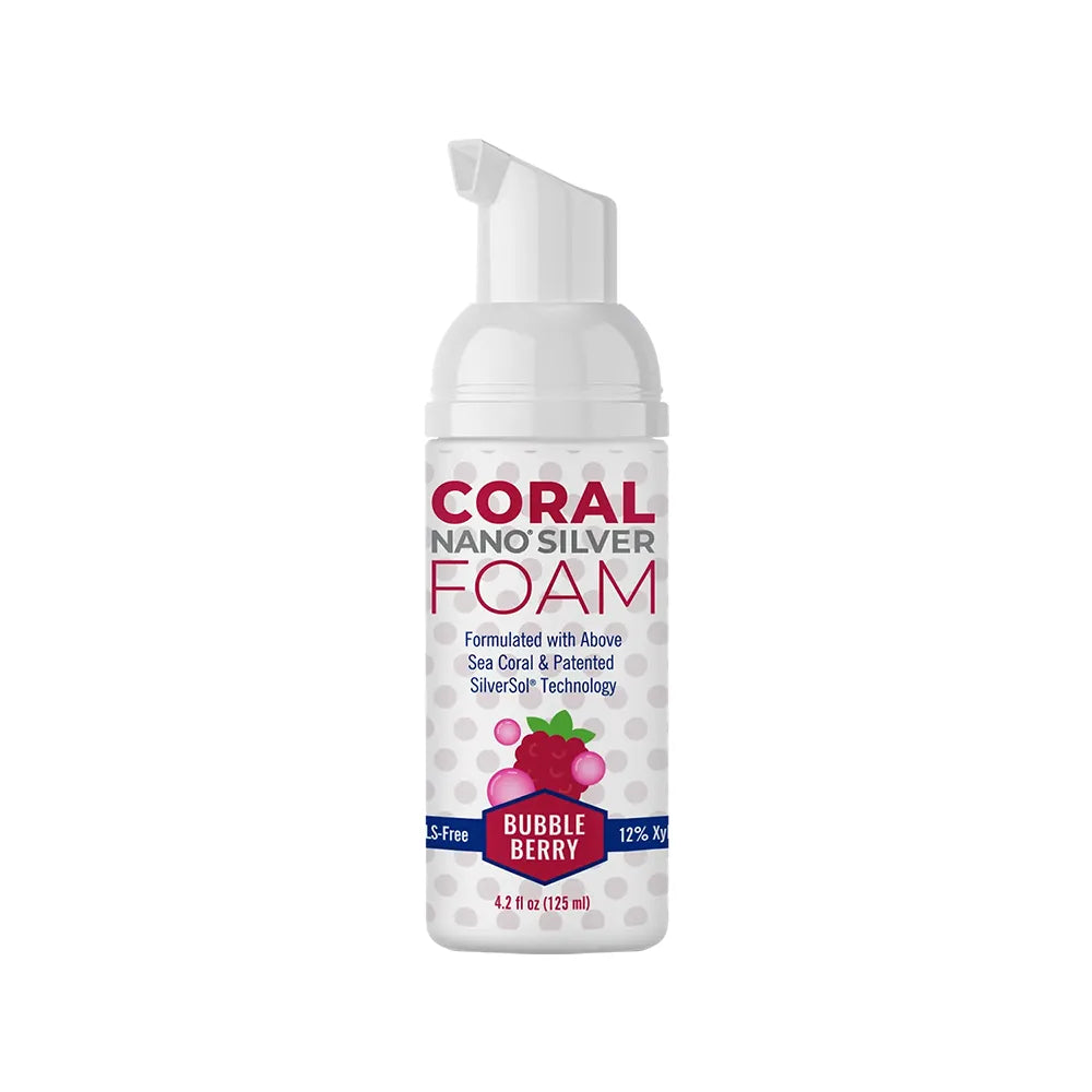 Coral Nano Silver foaming Bubble Berry toothpaste in a 4.2 fl oz (125ml) white pump bottle with polka dot design, labeled SLS-free and formulated with above sea coral and patented SilverSol technology, displayed on a white background.