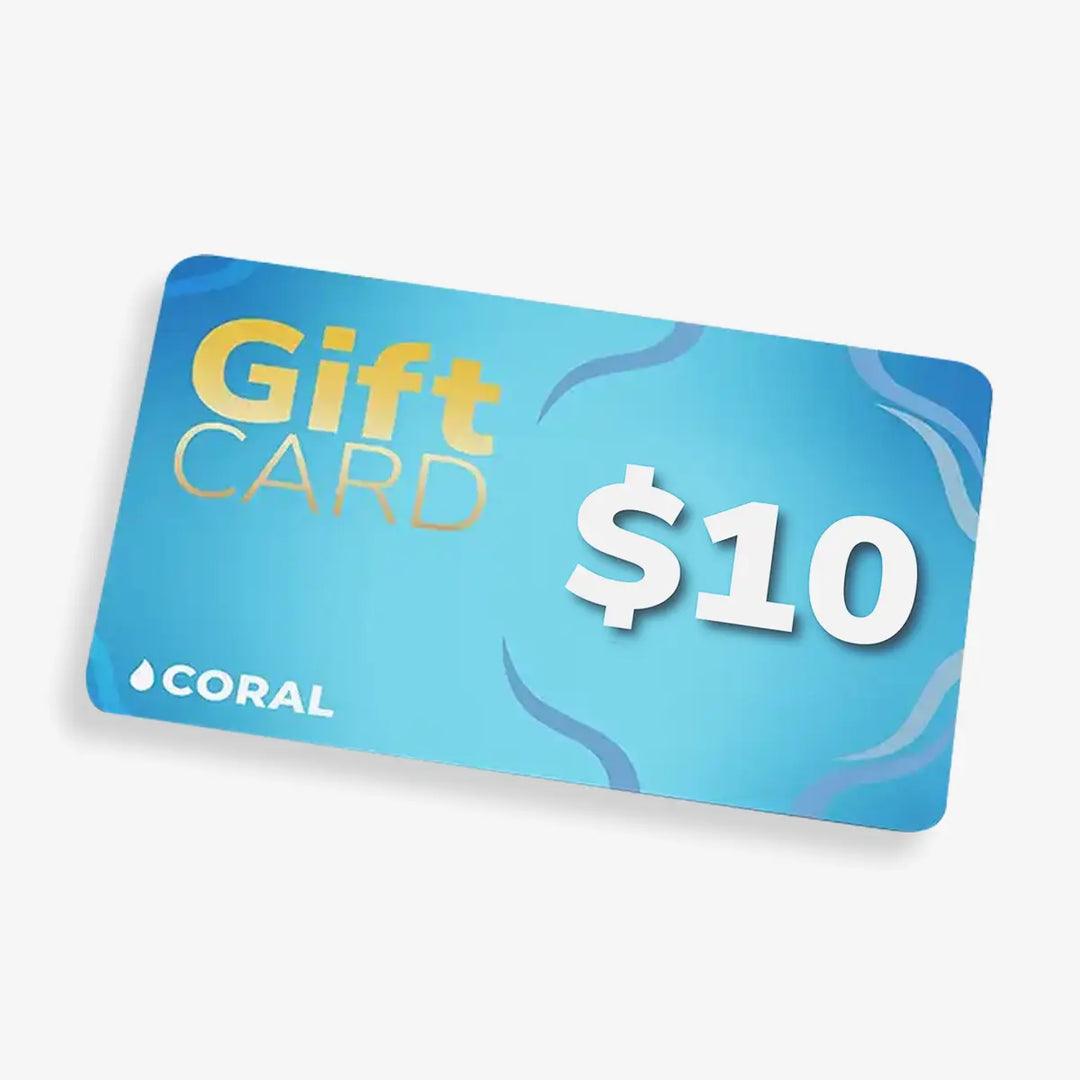 Blue gift card with 'Gift Card $10' text and 'Coral' branding on a white background