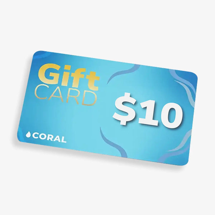 Blue gift card with 'Gift Card $10' text and 'Coral' branding on a white background
