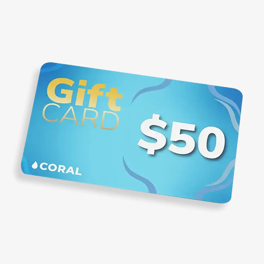 Blue gift card with 'Gift Card $50' text and 'Coral' branding on a white background