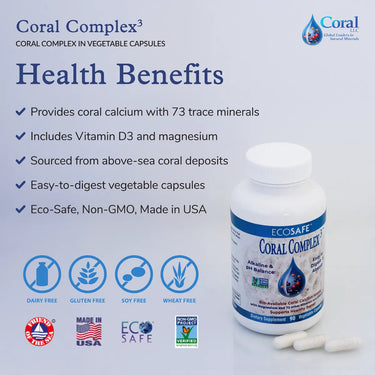 Coral Complex supplement bottle with health benefits listed on a light blue background