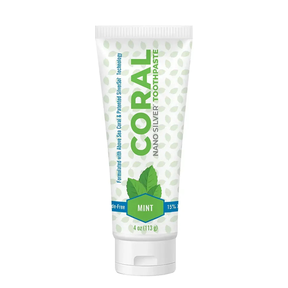 Tube of Coral Nano Silver Toothpaste with mint flavor on a white background