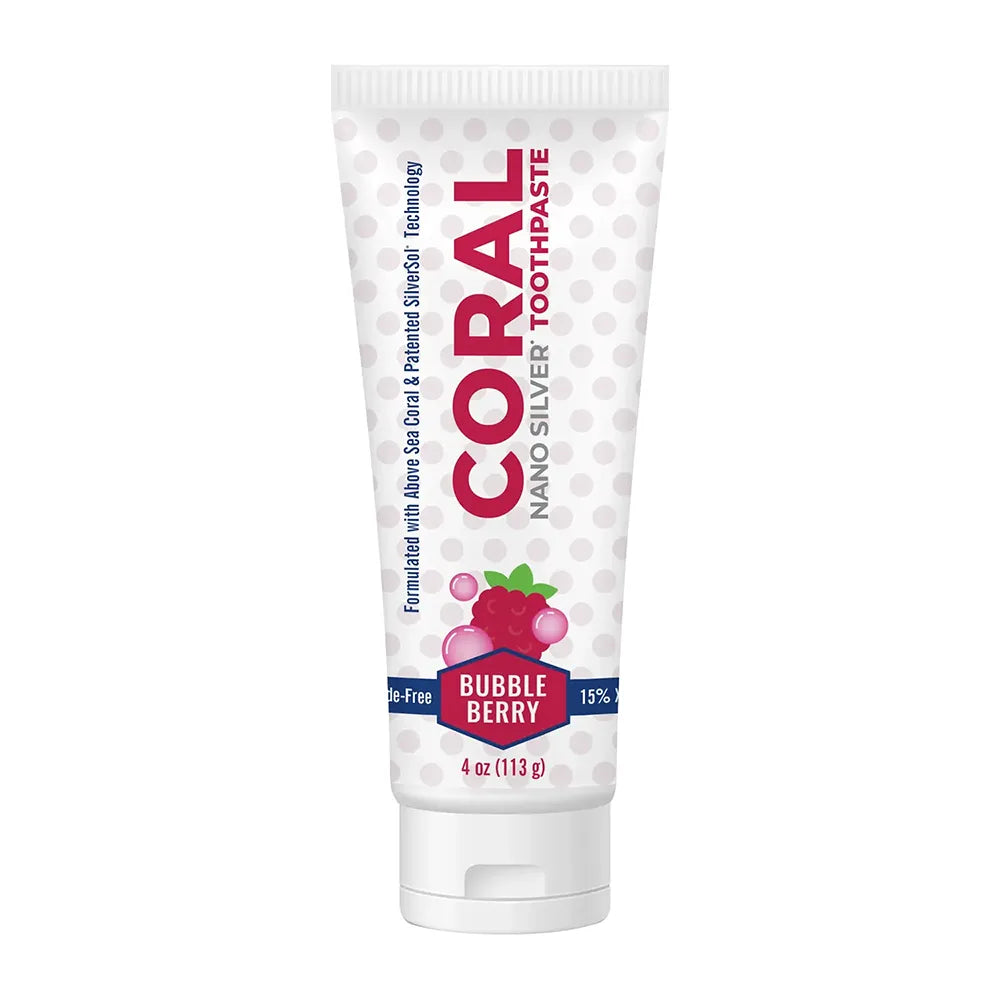 Coral Nano Silver Toothpaste in Bubble Berry flavor, 4oz tube with polka dot background design, labeled fluoride-free and formulated with coral calcium and nano silver.