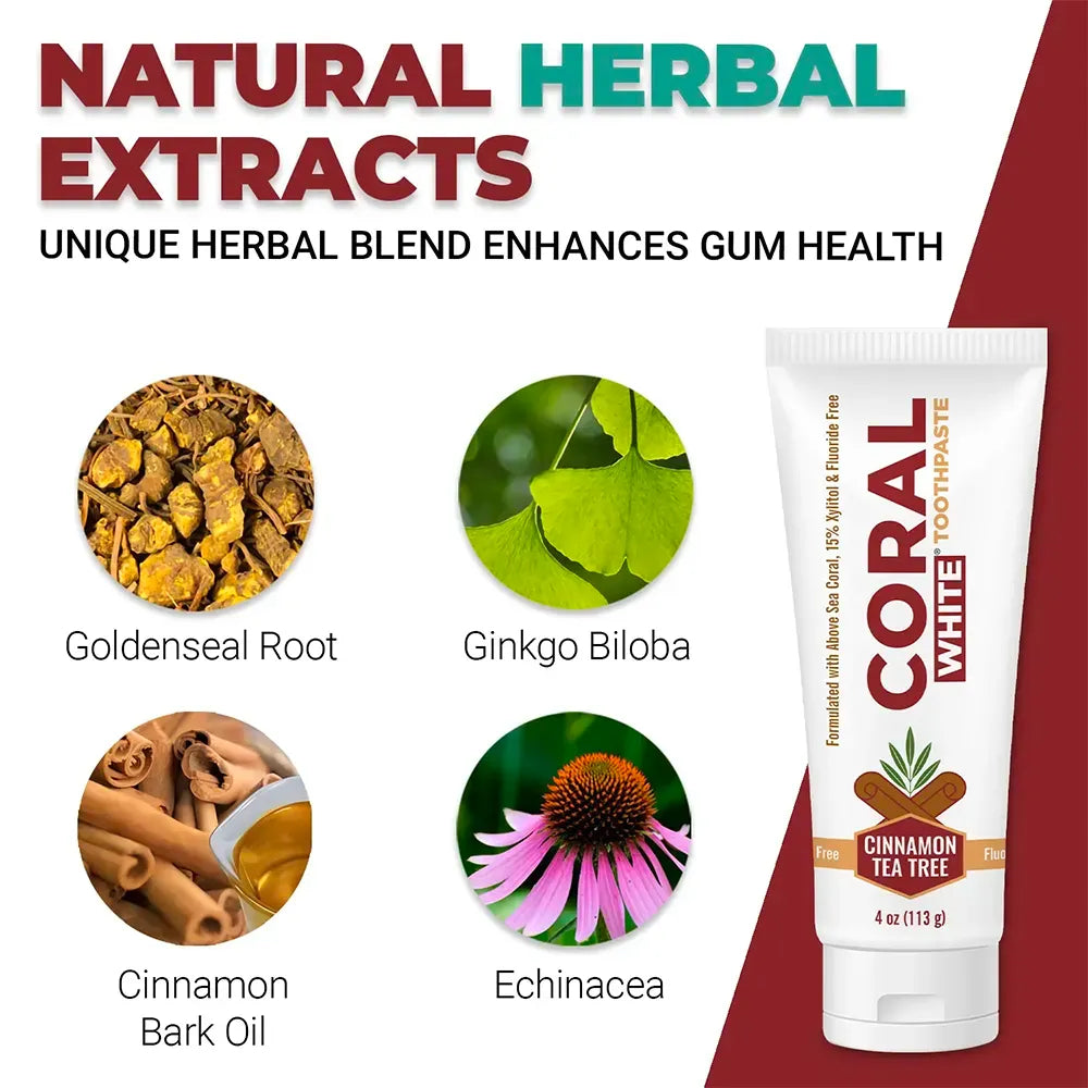 Coral White Cinnamon Tea Tree Toothpaste with natural herbal extracts including Goldenseal Root, Ginkgo Biloba, Echinacea, and Cinnamon Bark Oil for gum health.