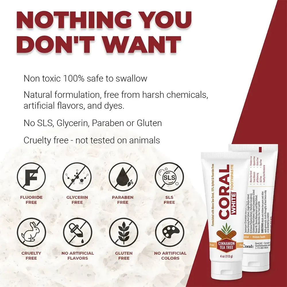 Coral White Cinnamon Tea Tree Toothpaste infographic showing fluoride-free, SLS-free, paraben-free, gluten-free, cruelty-free, and chemical-free oral care benefits.
