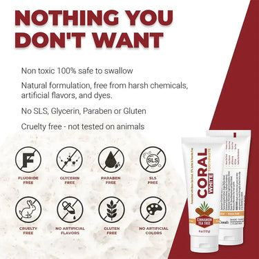Coral White Cinnamon Tea Tree Toothpaste infographic showing fluoride-free, SLS-free, paraben-free, gluten-free, cruelty-free, and chemical-free oral care benefits.