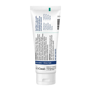Back of Coral White Fluoride-Free Toothpaste showing natural ingredients, 15% xylitol content, directions, and benefits like whitening and SLS-free formulation.