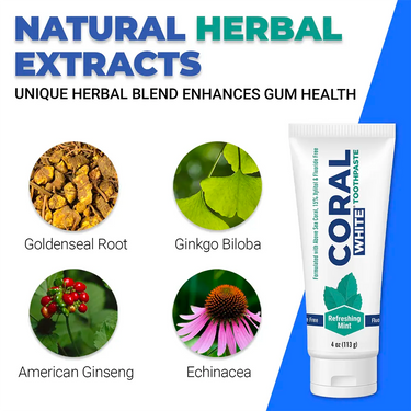 Infographic featuring Coral White Toothpaste with natural herbal extracts including Goldenseal Root, Ginkgo Biloba, American Ginseng, and Echinacea. Highlights a unique herbal blend that supports gum health, promotes fresh breath, and enhances oral hygiene naturally.