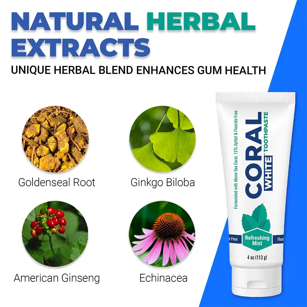 Coral White Toothpaste with herbal extracts including Goldenseal Root, Ginkgo Biloba, American Ginseng, and Echinacea for natural gum health support.