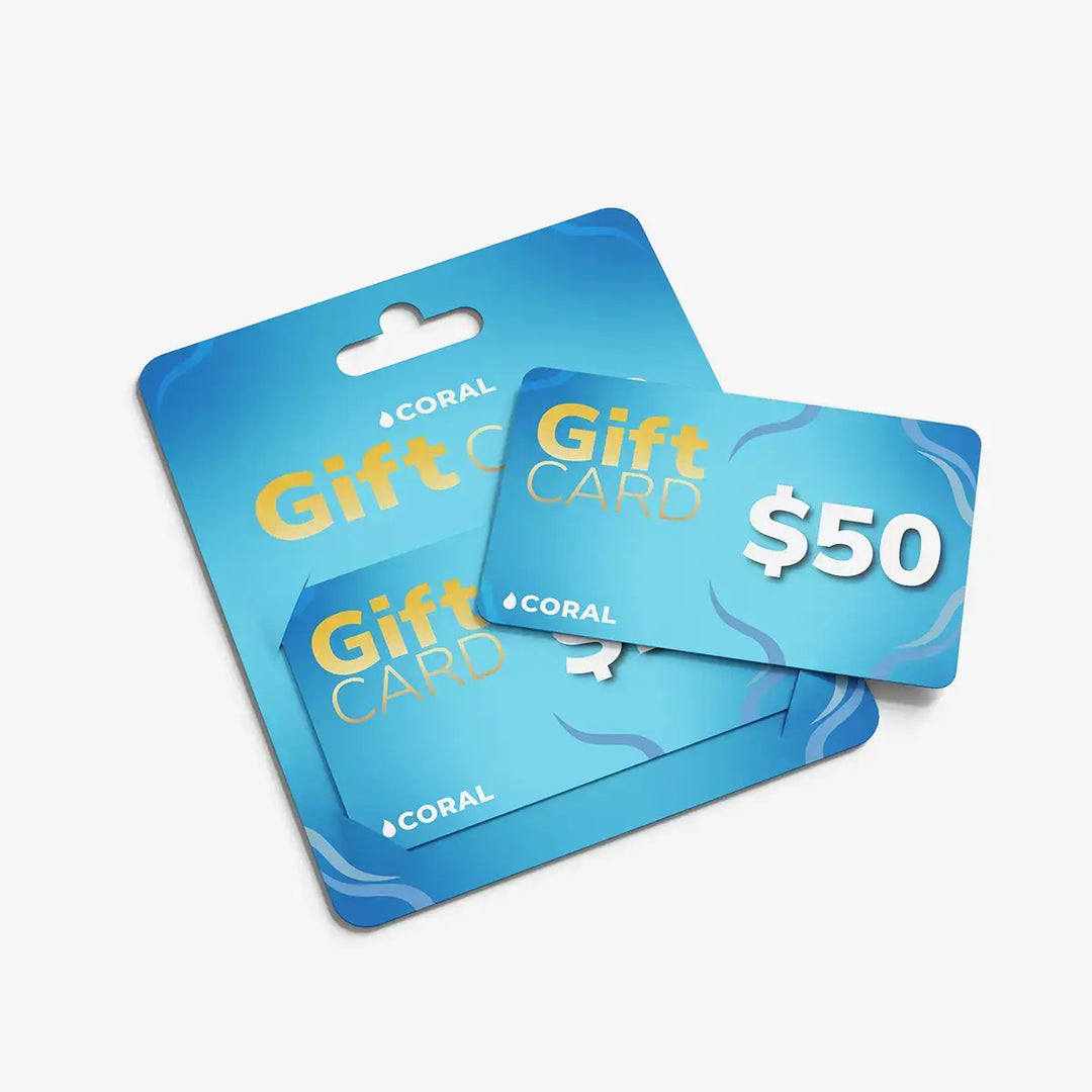 Two blue Coral gift cards on a white background