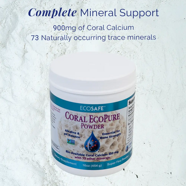 EcoPure Pure Coral Calcium Powder 16 oz container showing complete mineral support with coral calcium and naturally occurring trace minerals.