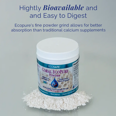 EcoPure Pure Coral Calcium Powder 16 oz shown with fine powder texture, highlighting highly bioavailable coral calcium and easy-to-digest mineral support.