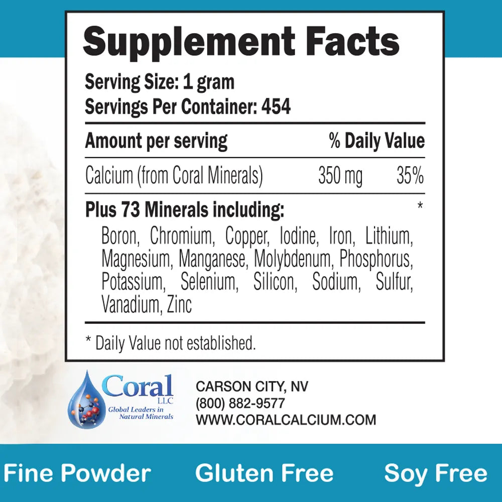 Supplement Facts label showing coral calcium powder providing 350 mg calcium per serving, plus 73 trace minerals, with gluten-free and soy-free icons.