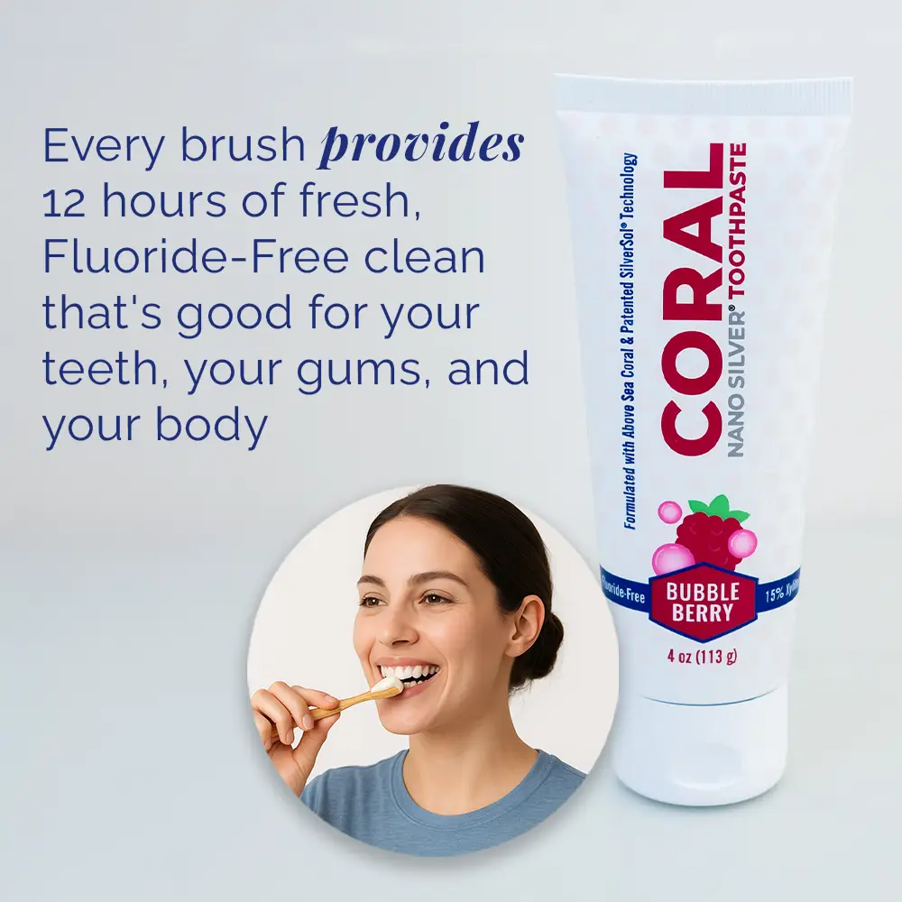 Coral Nano Silver Bubble Berry fluoride-free toothpaste shown with a person brushing teeth and product messaging about long-lasting fresh, gentle oral care.