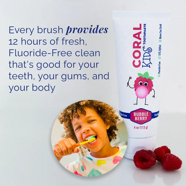 Coral White Kids Bubble Berry fluoride-free toothpaste shown with a child brushing teeth, raspberries, and product messaging about fresh, gentle oral care.