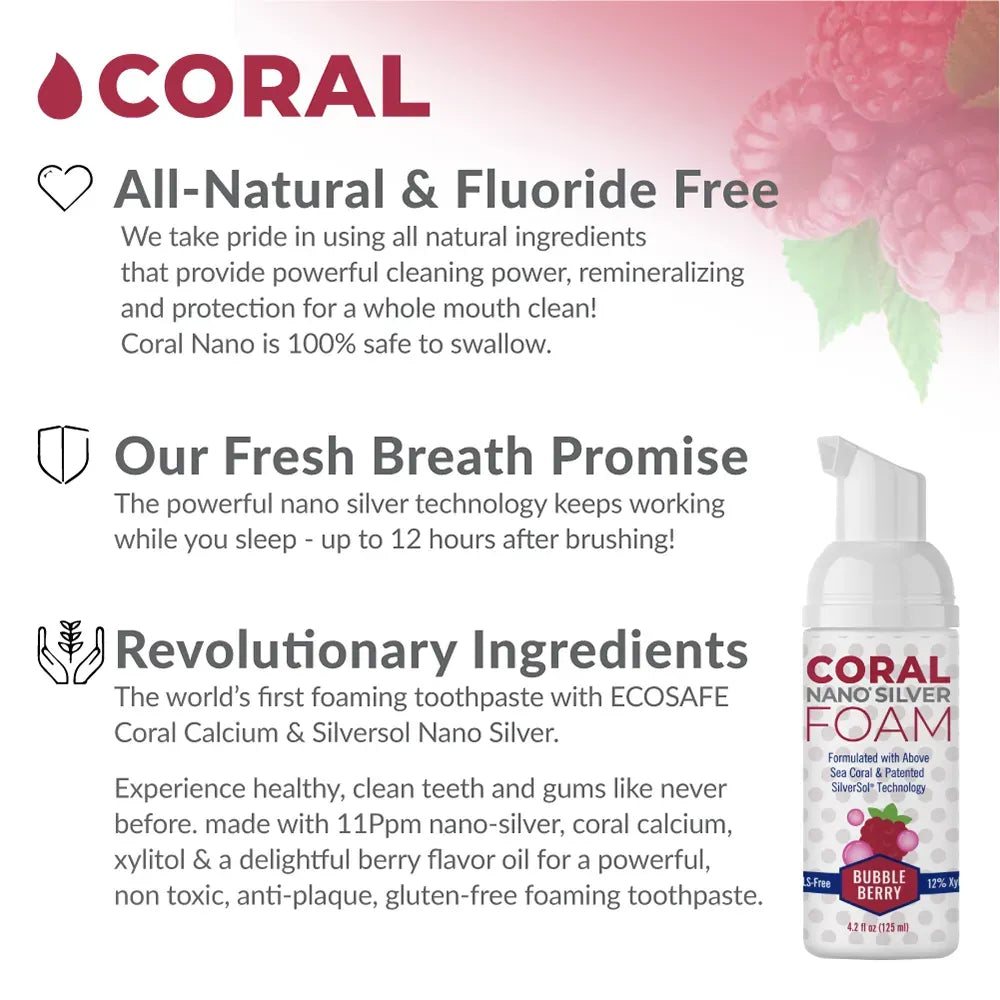 Coral Nano Silver foaming Bubble Berry toothpaste with all-natural fluoride-free formulation, 12-hour fresh breath protection, and ECOSAFE coral calcium with Silversol nano silver, shown with raspberries and product bottle on a gradient berry background.