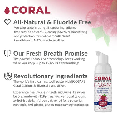 Coral Nano Silver foaming Bubble Berry toothpaste with all-natural fluoride-free formulation, 12-hour fresh breath protection, and ECOSAFE coral calcium with Silversol nano silver, shown with raspberries and product bottle on a gradient berry background.