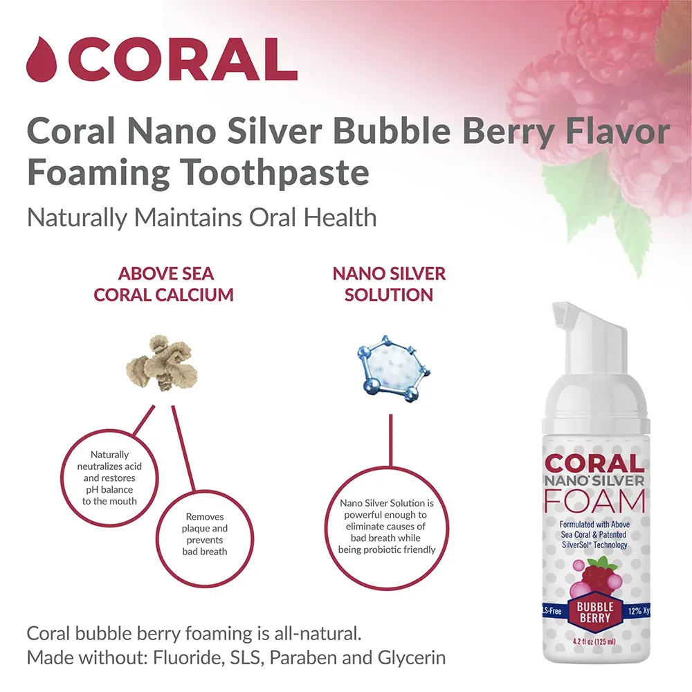 Coral Nano Silver foaming Bubble Berry toothpaste highlighting above sea coral calcium and nano silver solution as key ingredients that support pH balance, eliminate plaque, and freshen breath, with product image on a berry-themed background.