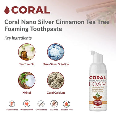 Coral Nano Silver Cinnamon Tea Tree Foaming Toothpaste with key ingredients including tea tree oil, nano silver solution, xylitol, and coral calcium. The toothpaste is fluoride-free, whitens teeth, and is free of glycerin, SLS, and parabens. Product image of the foam bottle included on the right.