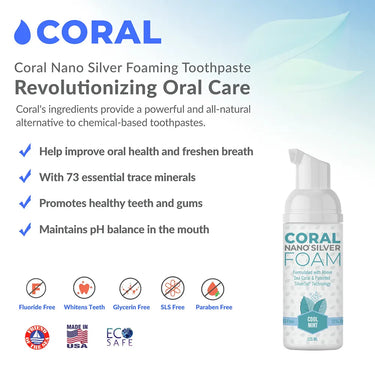 Coral Nano Silver Foaming Toothpaste Cool Mint with benefits including 73 trace minerals, oral health support, and pH balance, displayed with icons for fluoride-free, whitens teeth, glycerin-free, SLS-free, and paraben-free formulation on a gradient blue background.