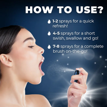 Woman using Coral Mouth Spray with illustrated text instructions on how to use: 1–2 sprays for a quick refresh, 4–5 sprays for a short swish and go, 7–8 sprays for a complete brush on-the-go. Promotes easy, portable oral care for fresh breath and clean teeth anytime.