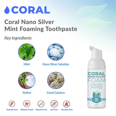 Coral Nano Silver Mint Foaming Toothpaste shown with key ingredients: mint, nano silver solution, xylitol, and coral calcium, along with icons for fluoride-free, whitens teeth, glycerin-free, SLS-free, and paraben-free, on a light gradient background.