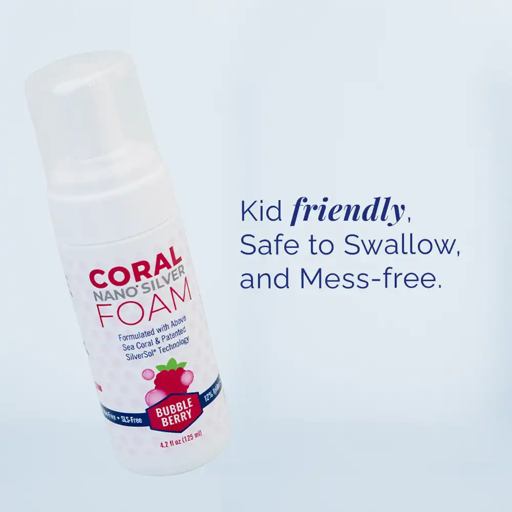 Coral Nano Silver Foaming Toothpaste Bubble Berry flavor bottle with text: Kid friendly, safe to swallow, and mess-free. Natural fluoride-free toothpaste formulated with above sea coral and patented SilverSol technology, perfect for children’s gentle oral care.