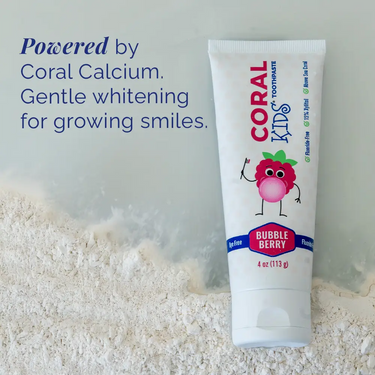 Coral White Kids Bubble Berry fluoride-free toothpaste powered by coral calcium, shown with product packaging and gentle whitening messaging for growing smiles.