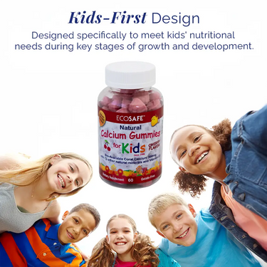 Coral Kids Cherry Calcium Gummies bottle surrounded by smiling children, highlighting kids-first design and natural calcium support for growing kids.