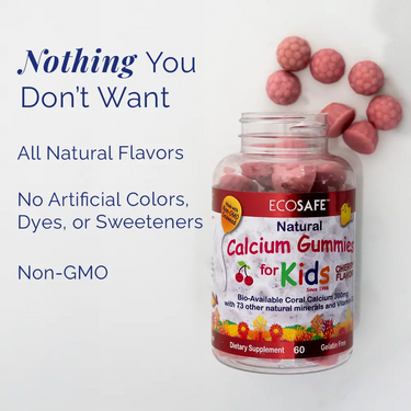 Coral Kids Cherry Calcium Gummies bottle with natural ingredients, showing non-GMO, no artificial colors, dyes, or sweeteners.