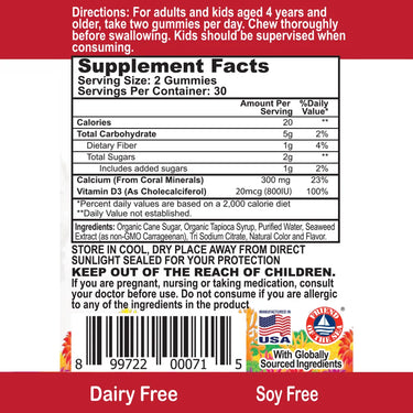 Coral Kids Cherry Gummies supplement facts label showing serving size, calories, calcium from coral minerals, vitamin D3, ingredients, and dairy-free, soy-free icons.