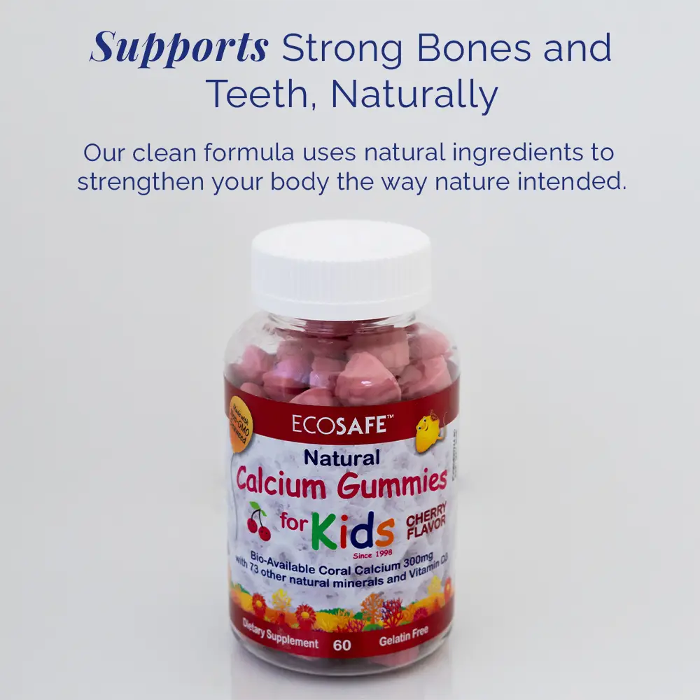 Bottle of EcoSafe Natural Calcium Gummies for Kids on a white background with text about bone and tooth support.