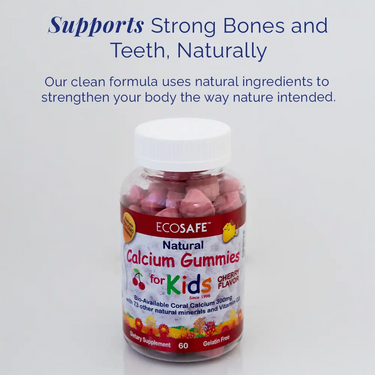 Coral Kids Cherry Calcium Gummies bottle featuring natural calcium support for strong bones and teeth, made with clean, kid-friendly ingredients.