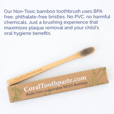 Coral kids bamboo toothbrush made from sustainable MOSO bamboo with BPA-free, phthalate-free bristles, shown with eco-friendly packaging on a white background, designed to support gentle plaque removal and safe, non-toxic oral care for children.