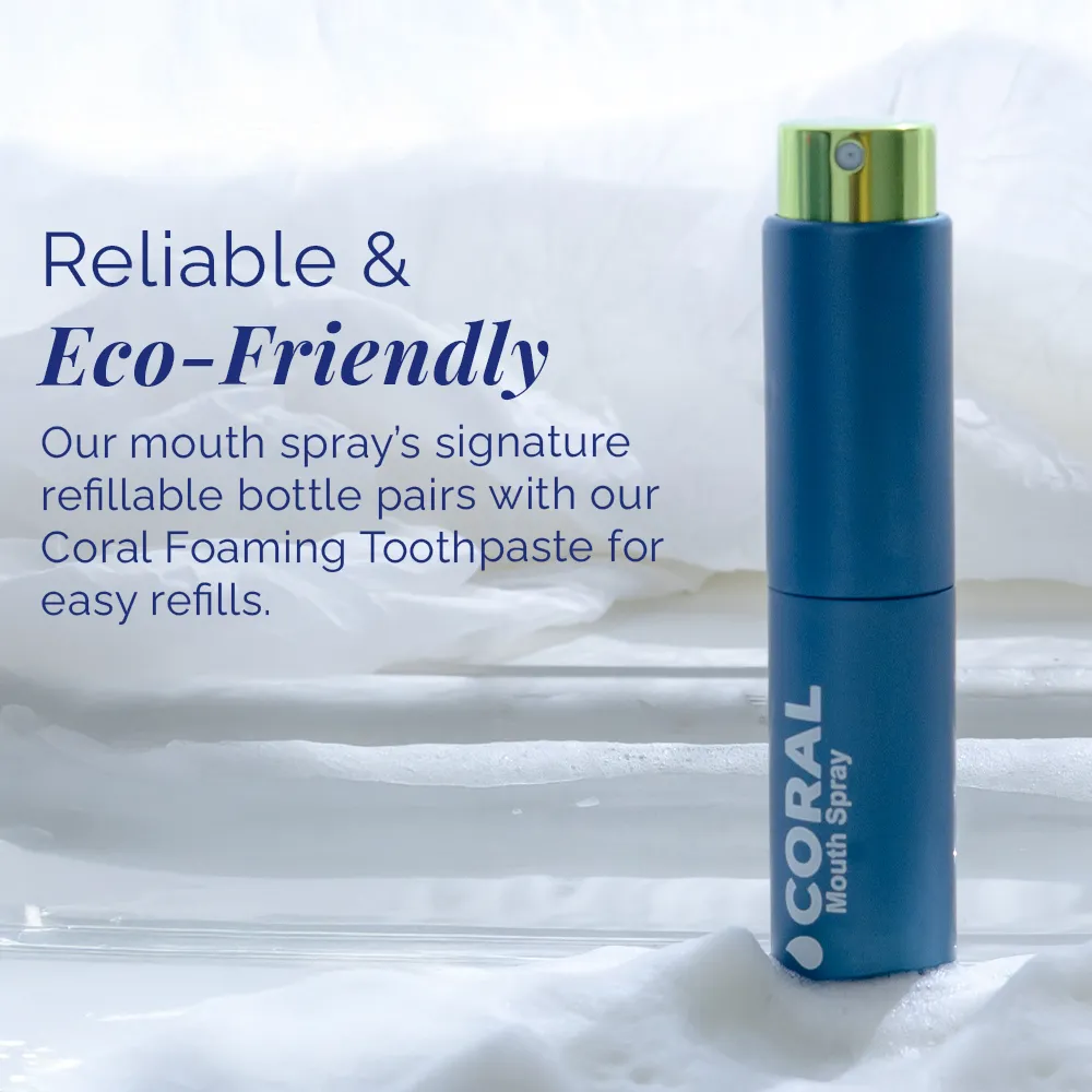 Coral Mouth Spray Mint 10ml in a refillable blue aluminum bottle with green spray cap, highlighting reliable and eco-friendly reusable packaging for on-the-go fresh breath