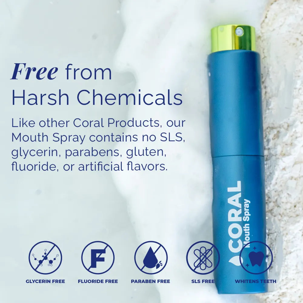 Coral Mouth Spray Mint 10ml shown in a reusable blue aluminum bottle, highlighting a formula free from harsh chemicals including fluoride, SLS, glycerin, parabens, gluten, and artificial flavors