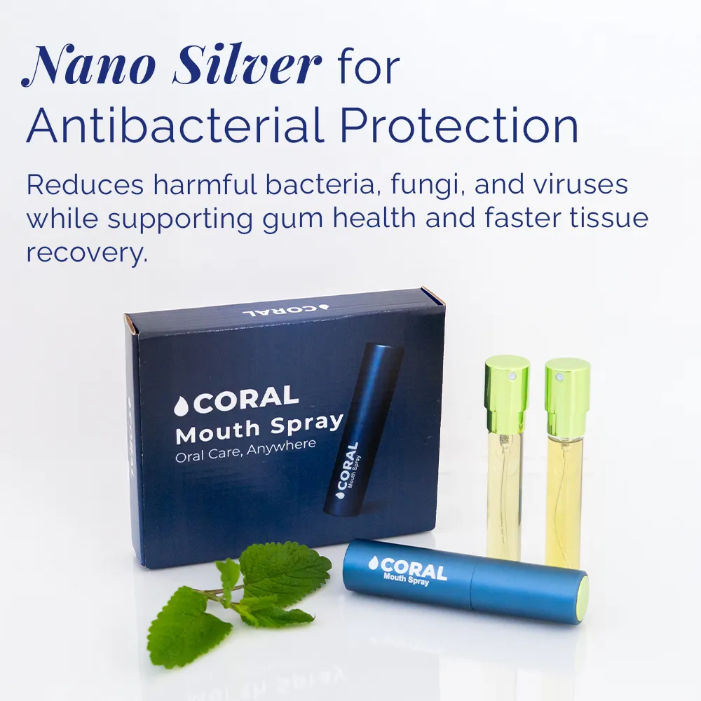 Coral Mouth Spray Mint 10ml with nano silver for antibacterial protection, shown with refill vials, fresh mint leaves, and branded box on a white background