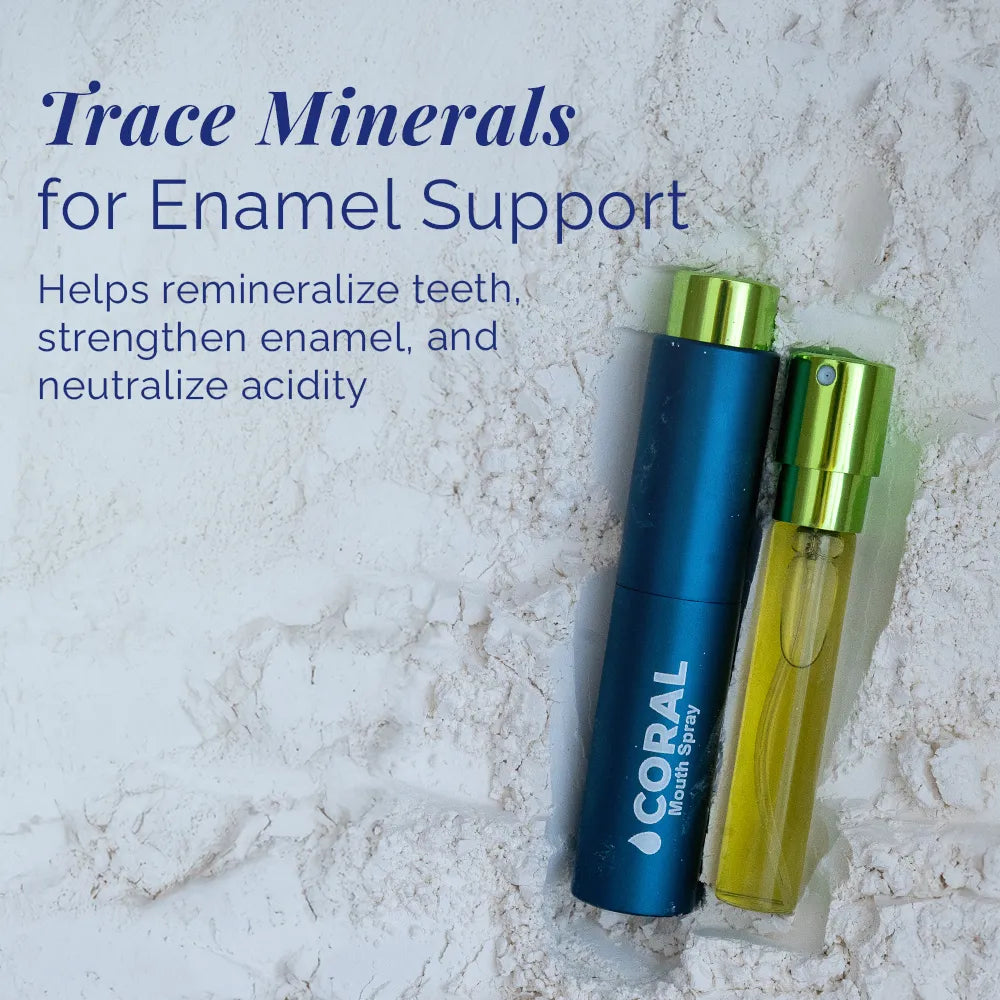 Coral Mouth Spray Mint 10ml with trace minerals for enamel support, shown with refill vial on a mineral-textured background, designed to help freshen breath and support oral balance